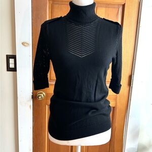 White House Black Market Elegant Black 1/2 Sleeve Latticed Turtleneck Sweater